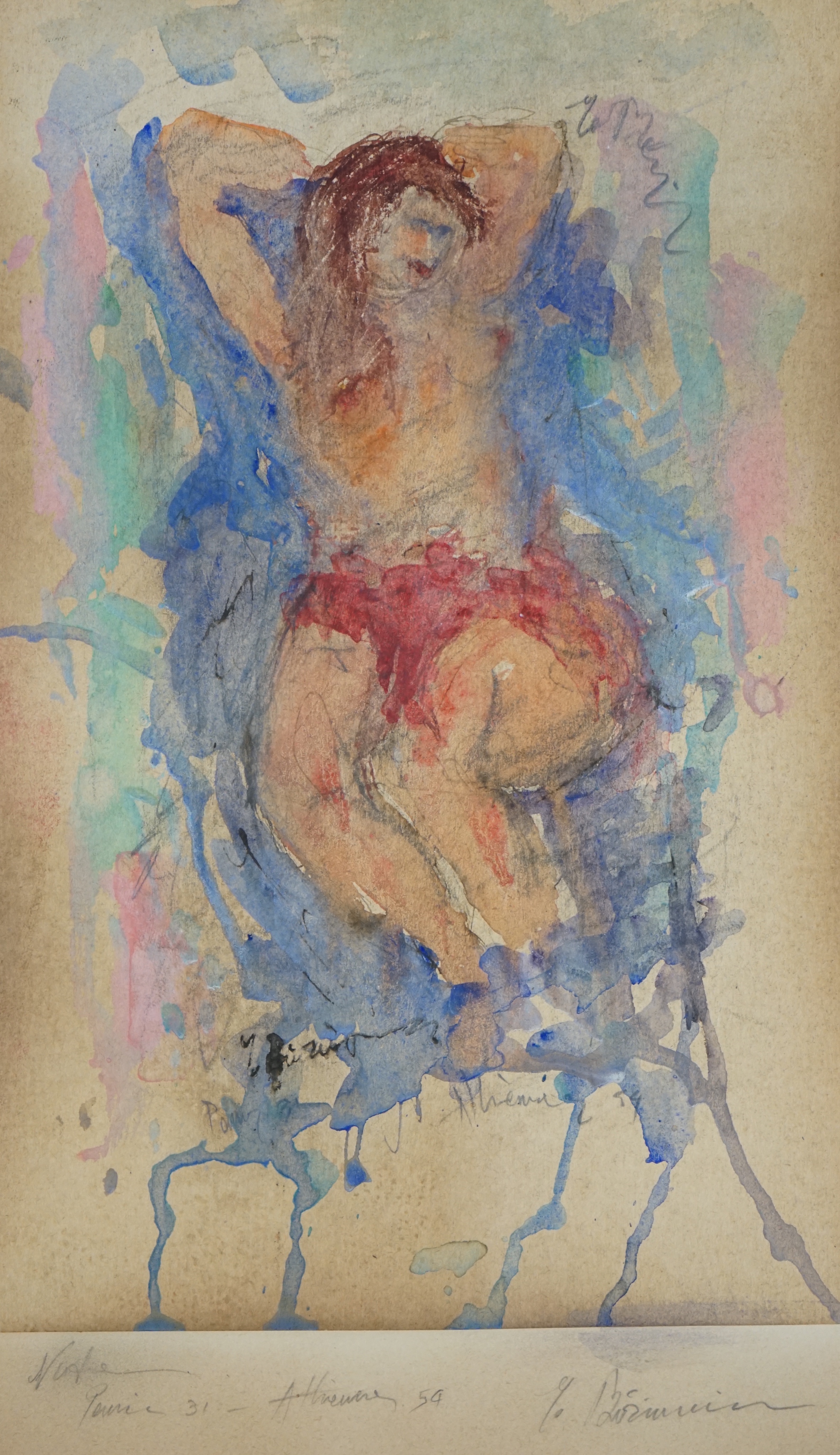 Georgios Bouzianis (Greek, 1885-1959), Reclining nude and studies of buildings, together with a head study with inscription below, three watercolours and a ballpoint sketch, watercolours 29 x 18cm, folder with internal s